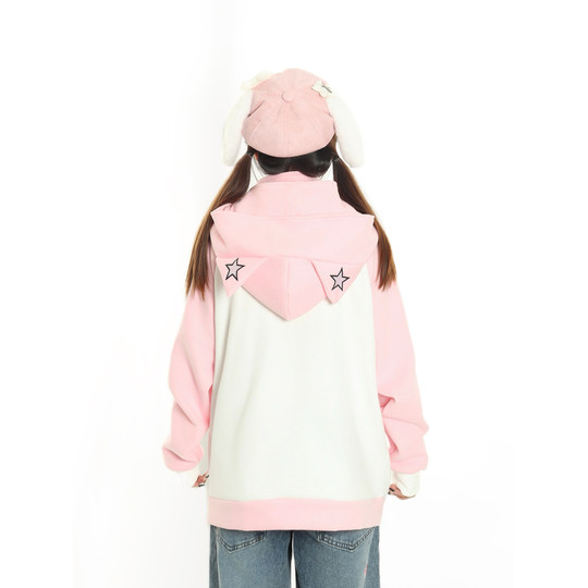 Original sweet and cool cat star embroidered color block jacket for women