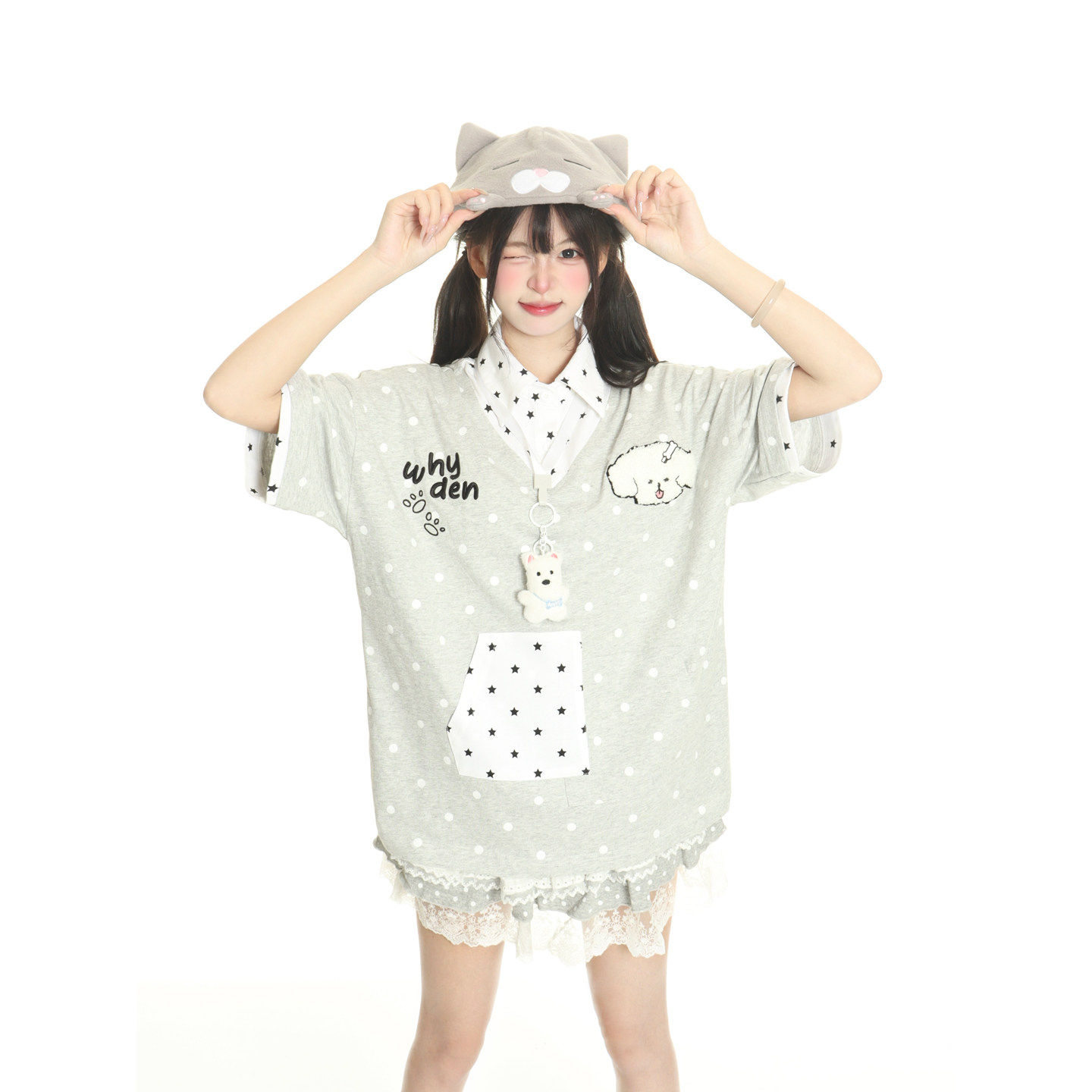 小杭还没吃饱原创美式学院波点小狗挂件短袖女POLO领假两件T恤潮