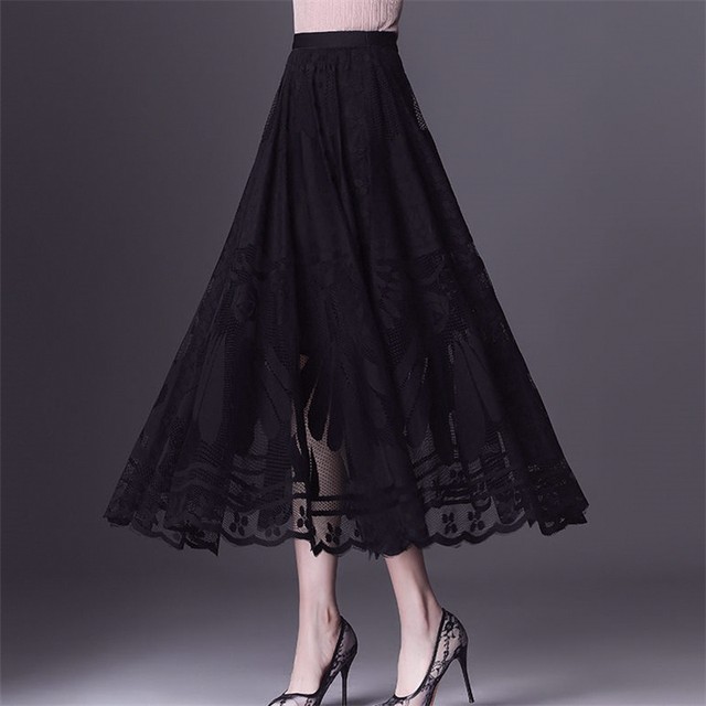 Lace skirt for women 2025 spring and autumn popular versatile a-line mid-length skirt with large hem mesh hollow fairy pleated skirt
