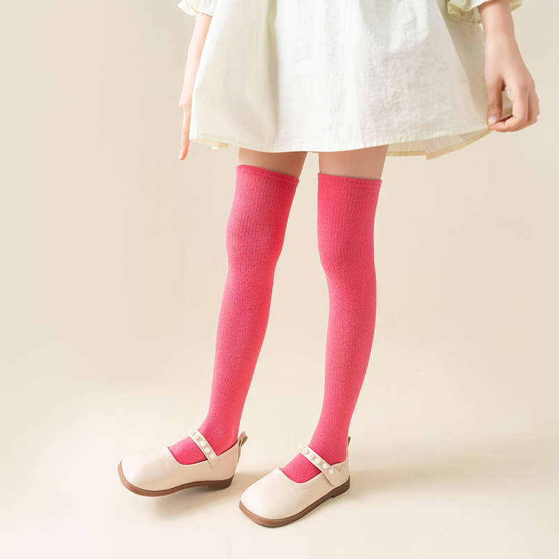 儿童长筒袜子春夏季薄款网眼糖果色学生女童中筒袜宝宝纯色大腿袜 - 图3