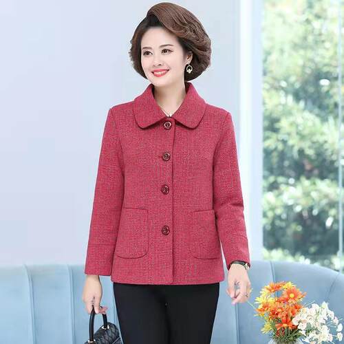 妈妈春秋装外套中老年人女装长袖短款夹克2022纽扣新款秋冬大码上 - 图0