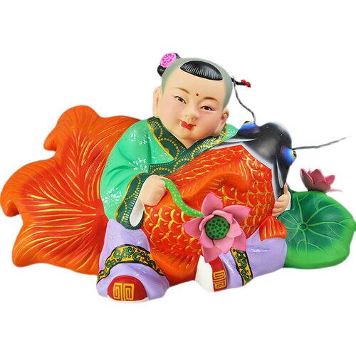 红泥坊手工制作泥人张彩塑 莲年有余 娃娃大抱鱼天津特色古典摆件 - 图3