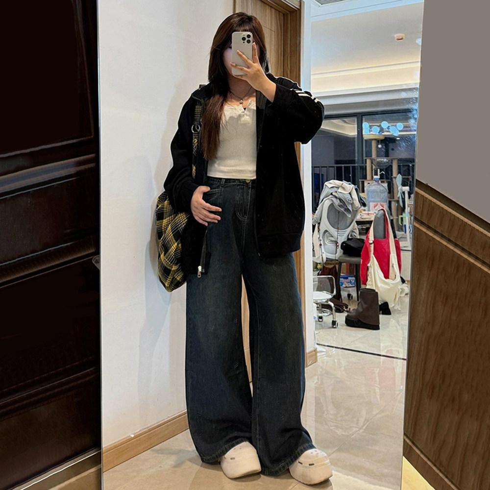 300斤特大码复古阔腿牛仔裤女秋冬加绒胖mm高腰遮胯垂感直筒裤子,淘宝优惠券,粉丝福利购,淘宝优惠卷