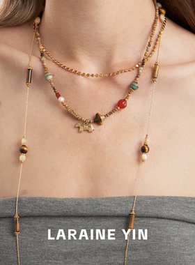 LARAINE YIN原创高级感虎眼石白贝串珠项链长毛衣链叠戴锁骨链