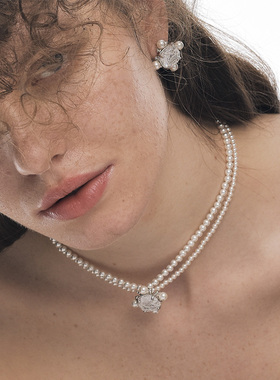 蕾丝项链银镀金宝石珍珠女