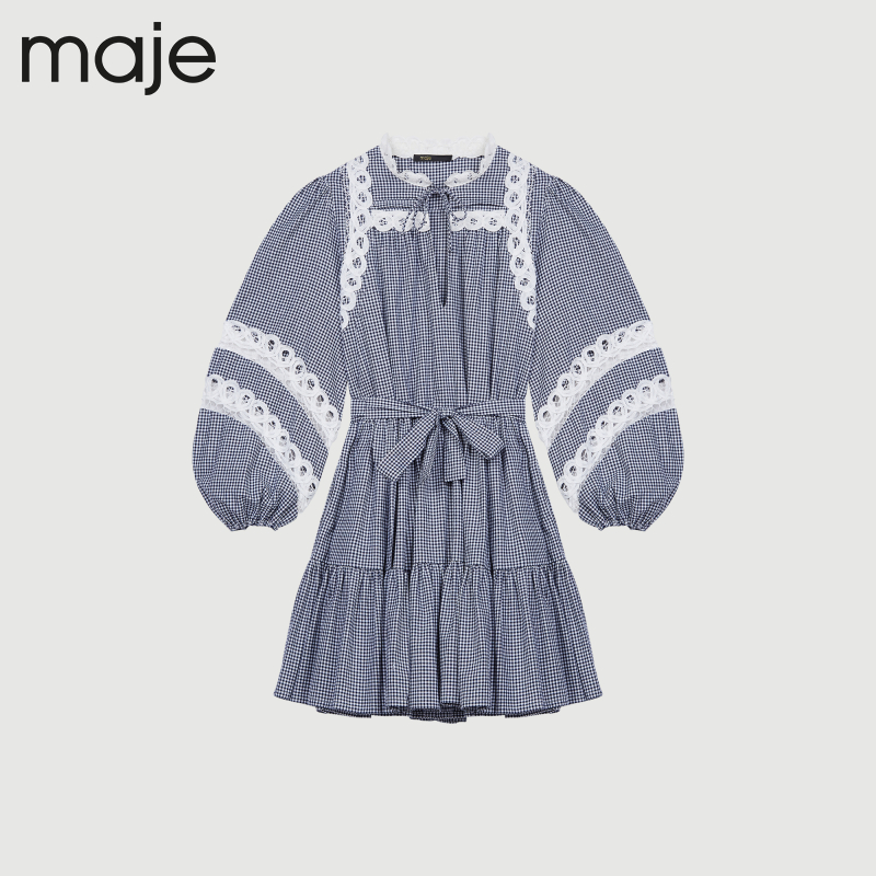 Maje Outlet春秋女装蓝色格纹灯笼袖收腰连衣裙短裙MFPRO02172