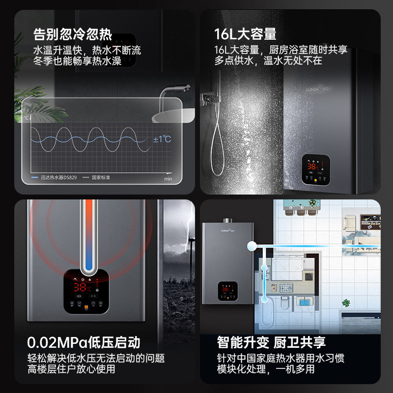 迅达DS819燃气热水器家用天然气智能恒温强排式16L新品秒出热水