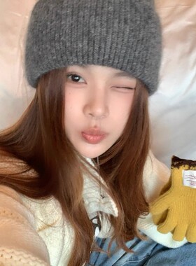 Double inin 韩系含兔毛针织帽女秋冬冷帽保暖堆堆帽显脸小包头帽