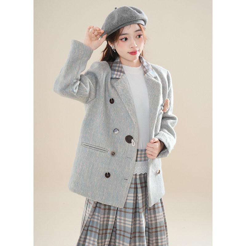 泉野薰冬季新款格纹毛呢西装半身裙套装学院风小众高级感呢子外套,淘宝优惠券,粉丝福利购,淘宝优惠卷