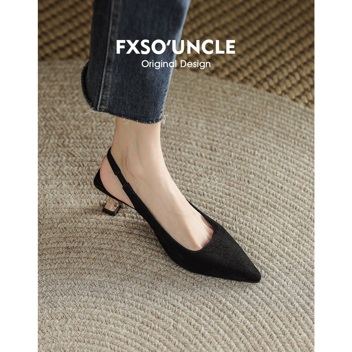 FXSO方巷凉鞋2024年夏新款尖头小众设计女款绒面韩系法式高跟鞋女 - 图0