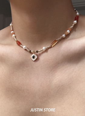 JUSTIN复古虎眼石珍珠项链