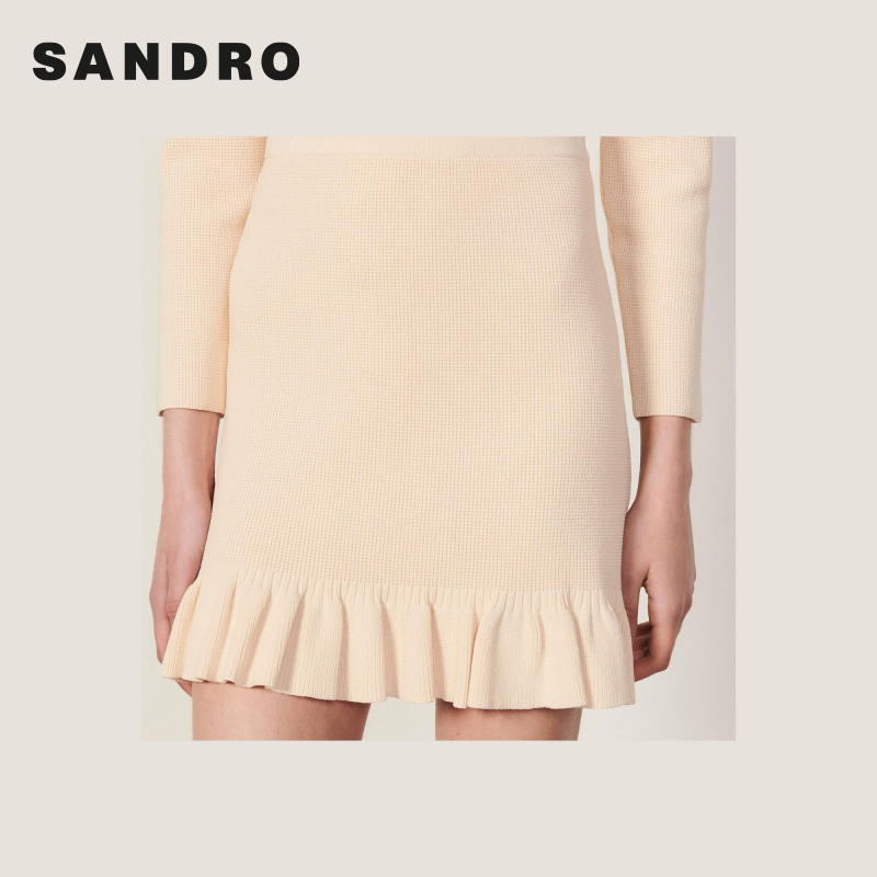 SANDRO Outlet女装春季荷叶边高腰针织罗纹包臀半身裙SFPJU00598