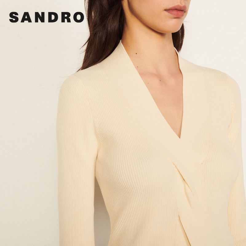 SANDRO Outlet女装法式时尚V领长袖罗纹修身针织上衣SFPPU01218 - 图2