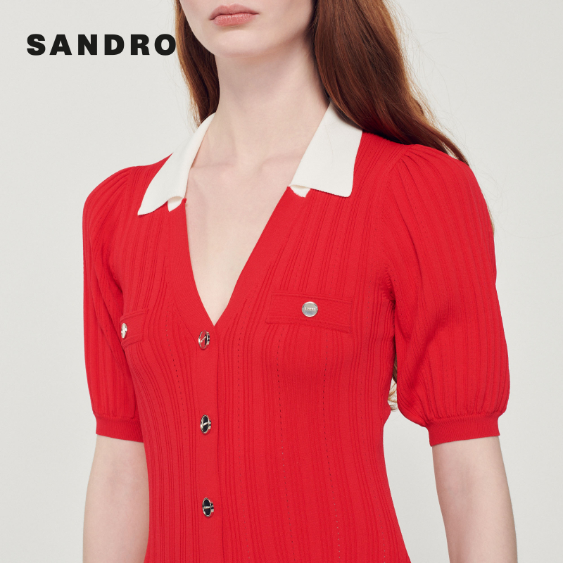 SANDRO Outlet春秋女装法式V领收腰针织红色连衣裙长裙SFPRO02742