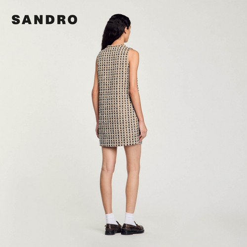 SANDRO Outlets春秋款女装法式气质时尚优雅格纹仿钻短款连衣裙 - 图0