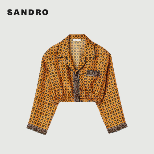 SANDRO Outlets秋冬女装法式休闲星星印花松紧收腰光泽感短款衬衫 - 图3