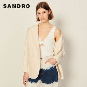 SANDRO Outlet女装春季简约系带V领无袖白色针织上衣SFPTS01050