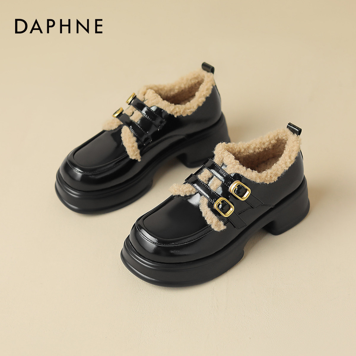 达芙妮加绒乐福鞋女2025新款冬季厚底黑色皮鞋保暖增高毛毛鞋女鞋,淘宝优惠券,粉丝福利购,淘宝优惠卷