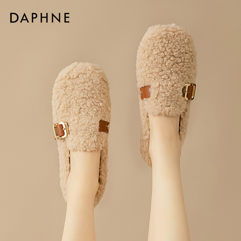 达芙妮保暖毛毛鞋女2024秋冬新款羊羔绒一脚蹬乐福鞋加绒棉拖鞋子 - 图1