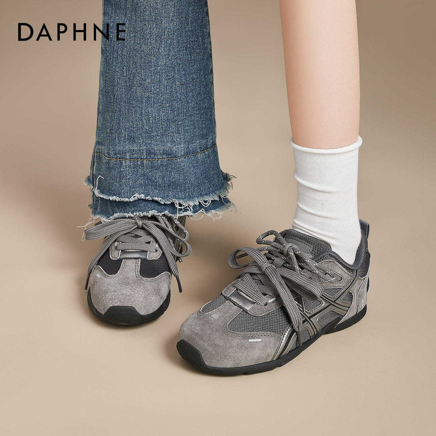 达芙妮灰色德训鞋女2026春季新款复古女鞋厚底芭蕾鞋子休闲运动鞋,淘宝优惠券,粉丝福利购,淘宝优惠卷