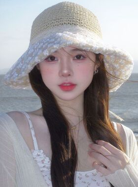 韩系温柔风沙滩遮阳帽女海边度假蕾丝边草帽显瘦百搭边沙滩帽