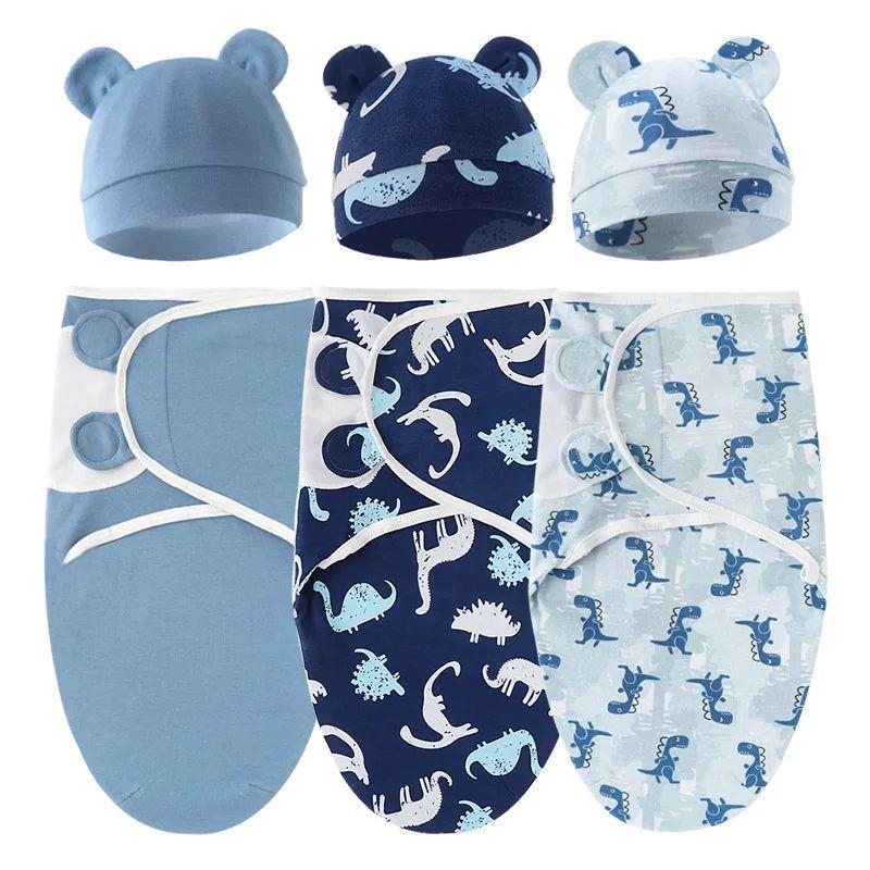 Baby Blanket Hat Set Cartoon Printed Cotton Newborn Swaddle - 图1