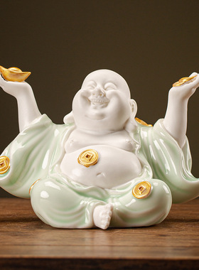 新中式禅意陶瓷招财弥勒笑佛摆件创意玄关客厅家居办公室装饰摆放