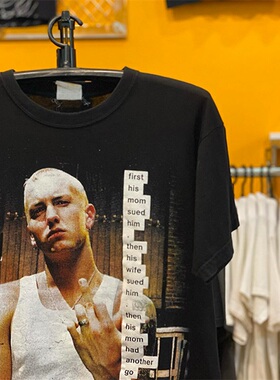 2000s Eminem 埃米纳姆美国歌手大印花Vintage做旧重磅短袖T恤