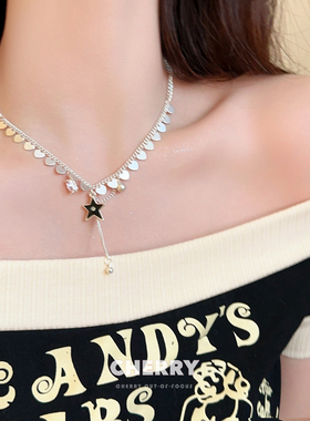 黑色星星爱心流苏项链女