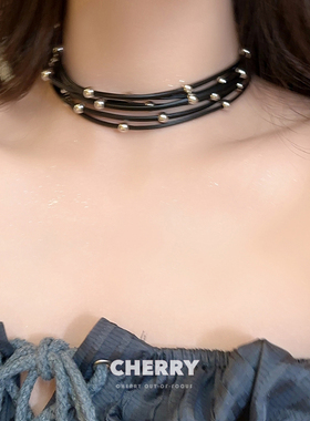 皮质双层黑色项链女简