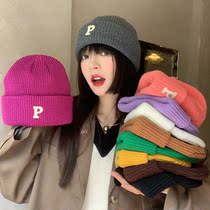 Net red p letters Mao Line hat children autumn and winter Han prints Tide Fashion Warm 100 Hitch Student Knit Hat Cold Hat