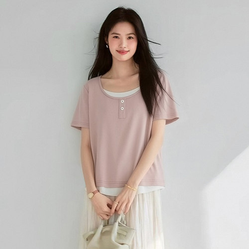 女士假两件短T恤YHH244099C - 图1