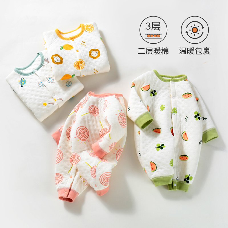 婴儿衣服春秋季加厚保暖宝宝连体衣冬装婴幼儿纯棉睡衣套装0一6月