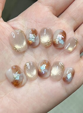 纯手工美拉德棕调猫眼通勤穿戴甲