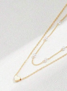 women necklace chocker欧美珍珠爱心项链百搭珍珠多层吊坠锁骨