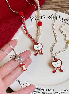 卡通红苹果珍珠拼接项链毛衣链