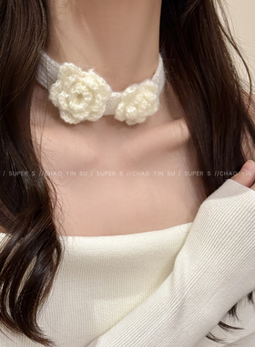 甜美针织毛线花朵项链新年氛围感