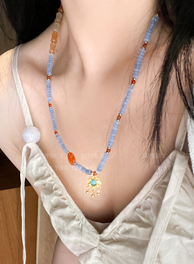 海蓝宝平安锁多层玛瑙串珠手链