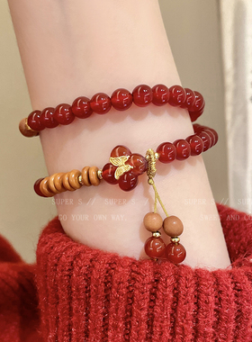 红玛瑙檀木双圈串珠手链新中式