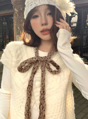 美拉德咖色褶皱波点长条丝巾
