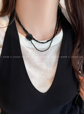 双层黑色米粒串珠花朵项链