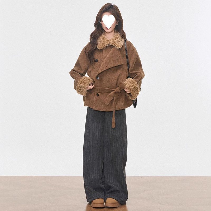 现货新品 WESTAYONE毛领加厚毛呢大衣外套女士小个子高级+阔腿裤 - 图2