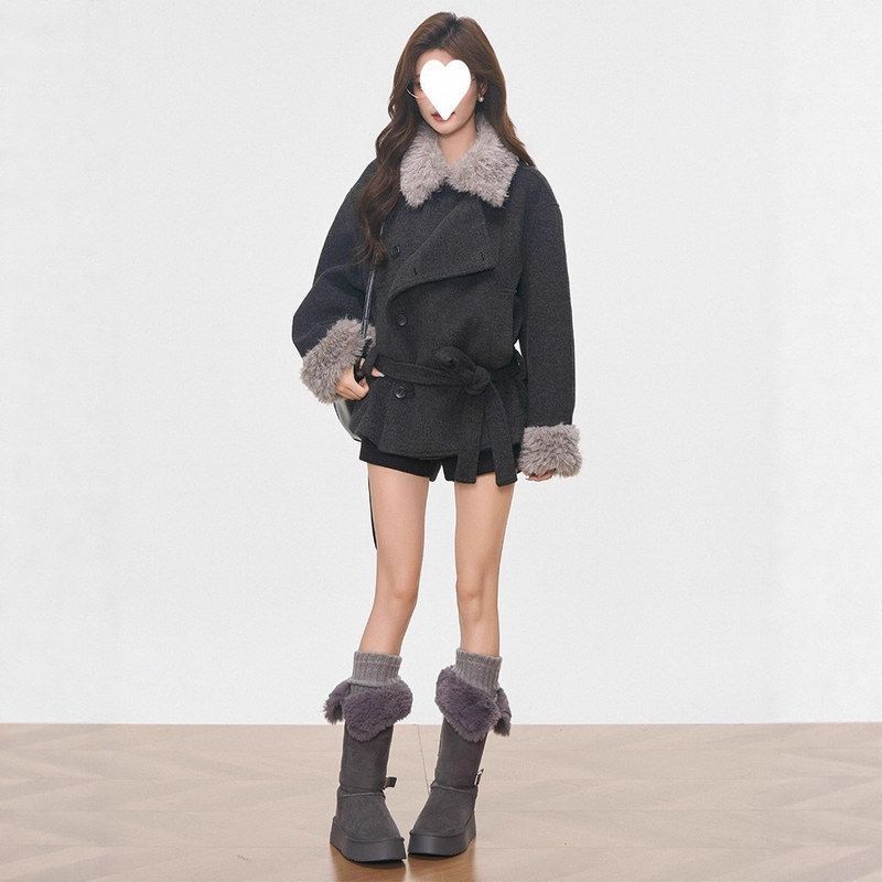 现货新品 WESTAYONE毛领加厚毛呢大衣外套女士小个子高级+阔腿裤 - 图1