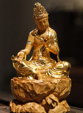 黄杨木金箔自在观音法相佛像