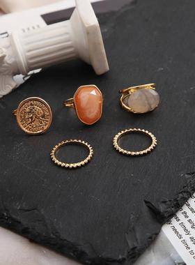 Joint ring set 5-piece Vintage relief portrait ring戒指5件套