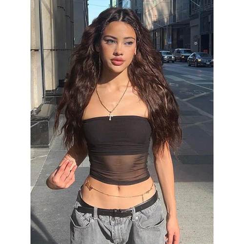 Mesh Corset Black Crop Top Women Patchwork Tube Top Sexy Sle - 图2