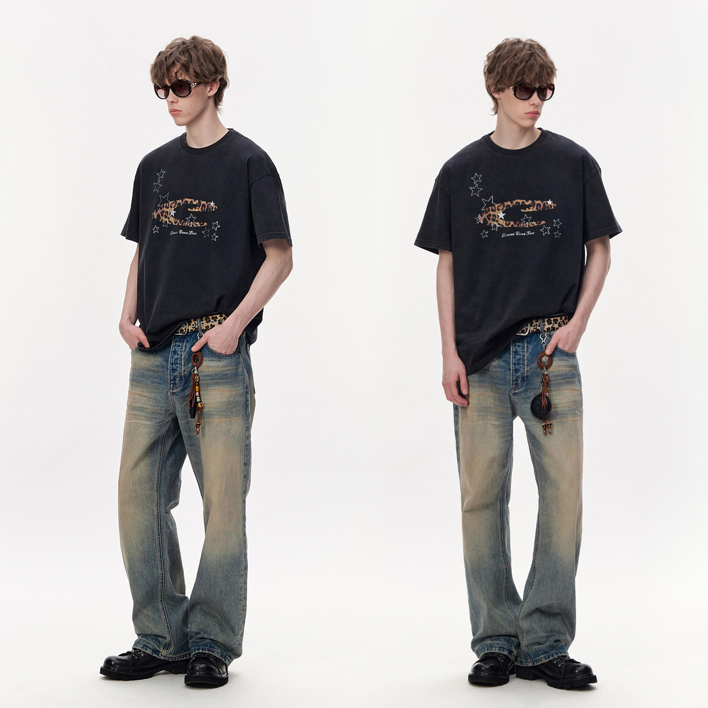 CLIMAX VISION纯棉做旧水洗炒色星星烫钻豹纹字母印花短袖T恤男,淘宝优惠券,粉丝福利购,淘宝优惠卷