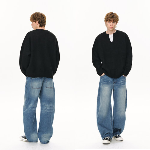 CLIMAX VISION14盎司复古水洗蓝压皱猫须做旧弯刀廓形宽松牛仔裤 - 图2