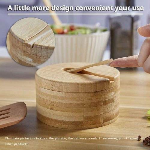 1Set Seasoning Box With Swivel Lid Bamboo Salt Cellar Wood - 图1