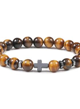 Prayer Men Natural Stone Wood Beads Rosary Hematite Cross Br